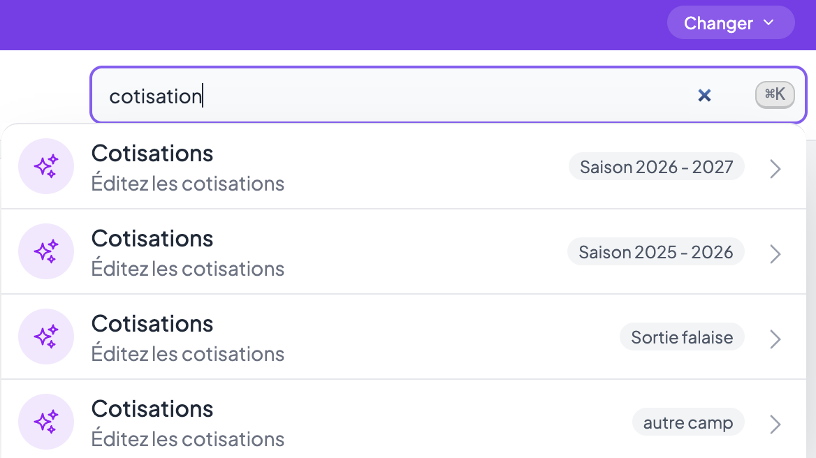 Barre de recherche avec le mot « cotisation » : la liste propose « Cotisations — Éditez les cotisations » pour chacune des campagnes en cours