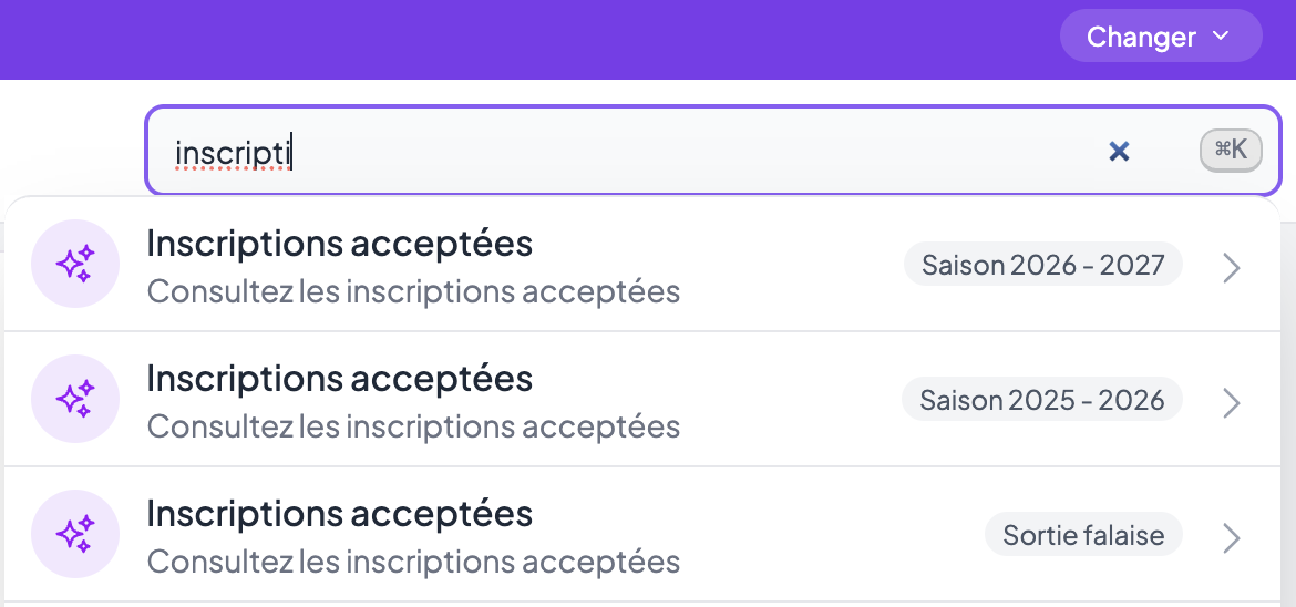 Barre de recherche avec le début du mot « inscripti » : la liste propose « Inscriptions acceptées » pour chacune des campagnes en cours
