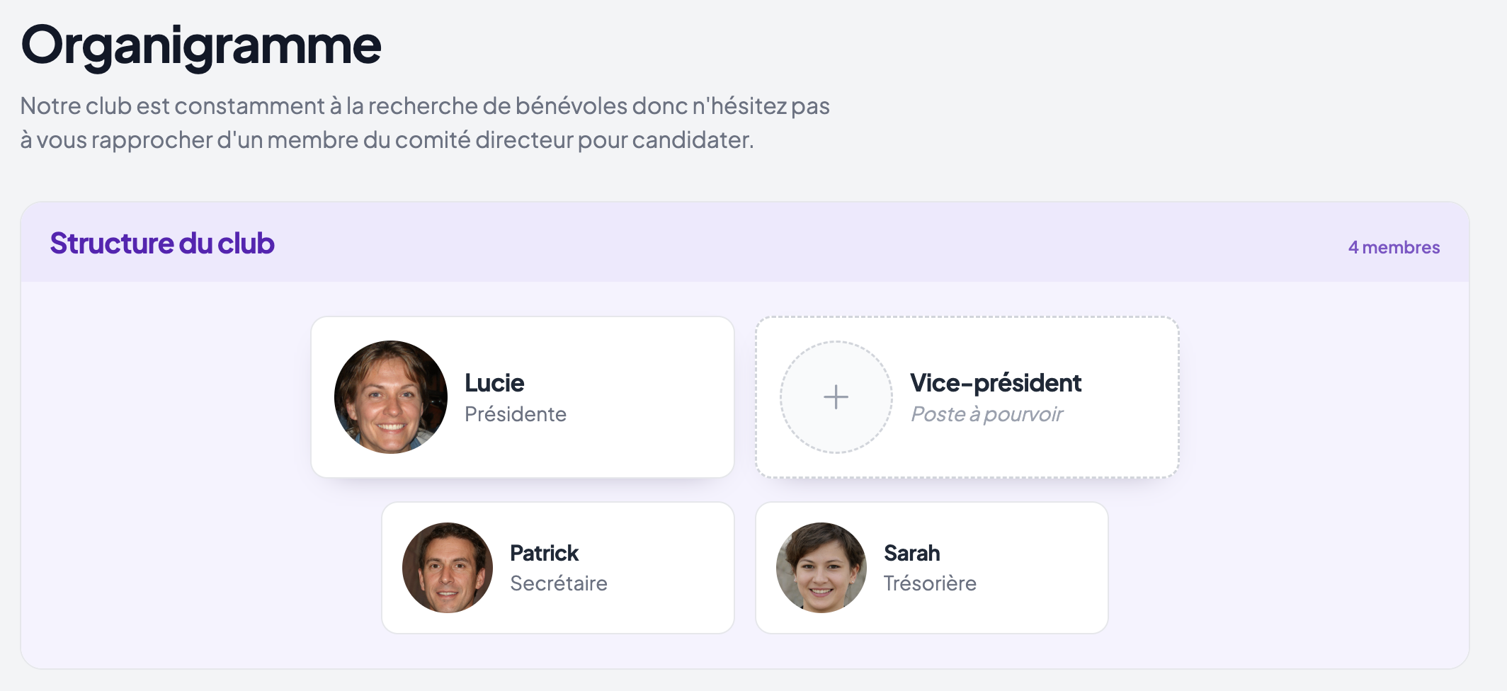Page Organigramme du club telle que la voit un visiteur : le texte d'introduction puis le pôle « Structure du club » et ses quatre cartes