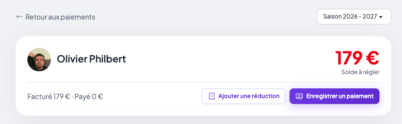 Solde d'un adhérent : 179 € à régler, rappel « Facturé 179 € · Payé 0 € » et les boutons « Ajouter une réduction » et « Enregistrer un paiement »