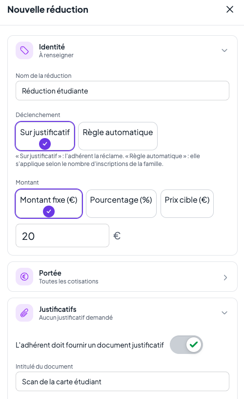 Volet « Nouvelle réduction » : nom « Réduction étudiante », déclenchement « Sur justificatif », montant fixe de 20 €, portée « Toutes les cotisations » et justificatif « Scan de la carte étudiant » activé