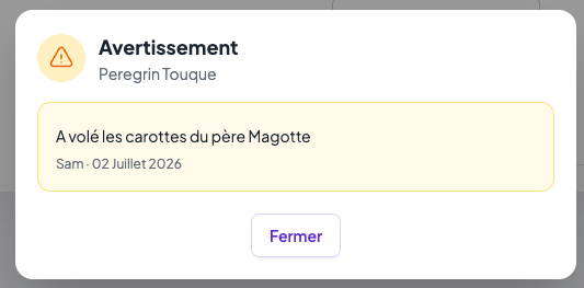Fenêtre affichant le détail de l'avertissement épinglé, avec son texte, son auteur et sa date