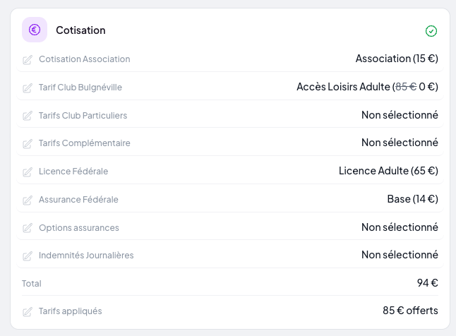 Bloc « Cotisation » après modification : « Accès Loisirs Adulte (85 € barré, 0 €) », total ramené à 94 € et ligne « Tarifs appliqués — 85 € offerts »